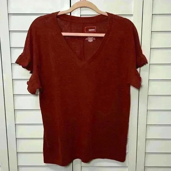 Sonoma Linen Blend V-Neck Ruffle Sleeve Casual Top Size Large Burgundy - Picture 1 of 5
